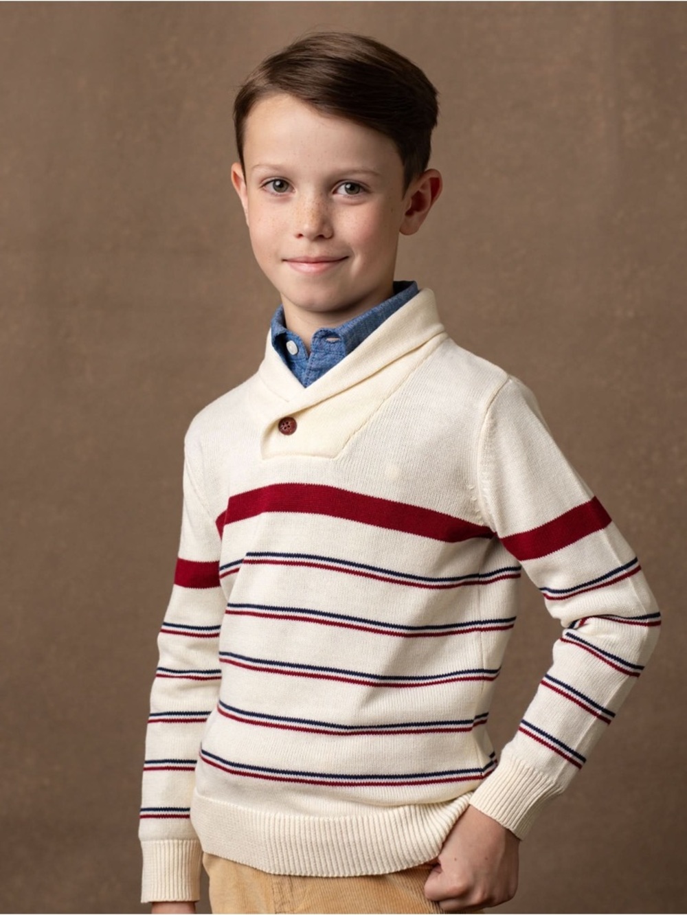 Hope & Henry  Boys Organic Long Sleeve Striped Shawl Collar Sweater